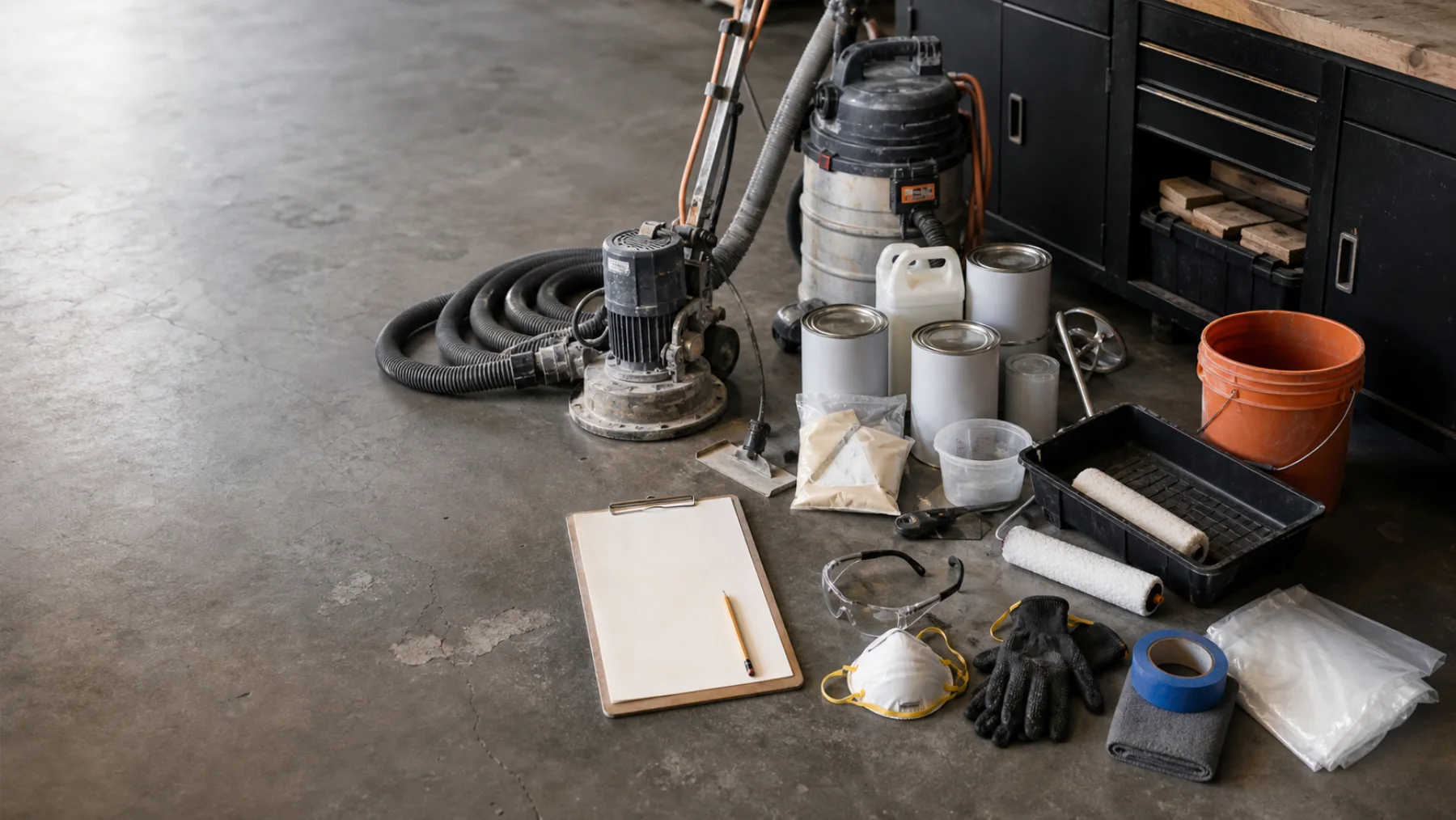Floor grinder, dust extractor, coating materials, repair supplies, rollers, tape, and PPE grouped on a garage slab.
